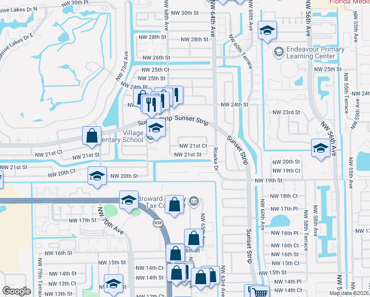 map of restaurants, bars, coffee shops, grocery stores, and more near 6661 Northwest 21st Street in Sunrise