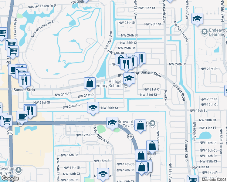map of restaurants, bars, coffee shops, grocery stores, and more near 7170 Northwest 21st Court in Sunrise