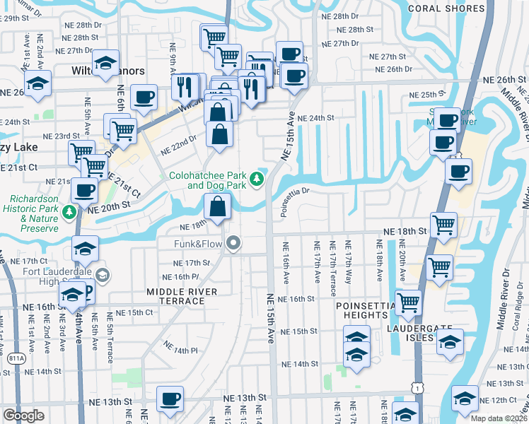 map of restaurants, bars, coffee shops, grocery stores, and more near 1963 Northeast 15th Avenue in Fort Lauderdale