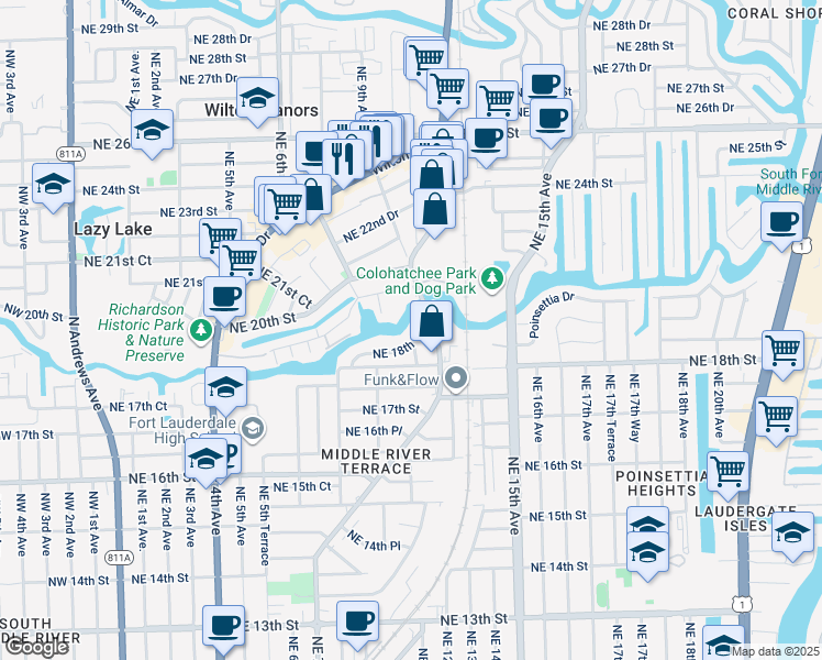 map of restaurants, bars, coffee shops, grocery stores, and more near 999 Northeast 18th Court in Fort Lauderdale