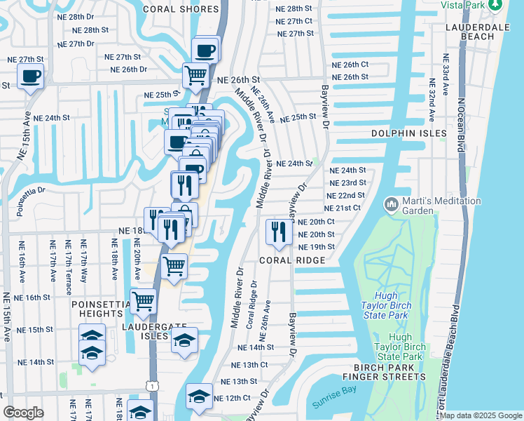 map of restaurants, bars, coffee shops, grocery stores, and more near 2100 Middle River Drive in Fort Lauderdale