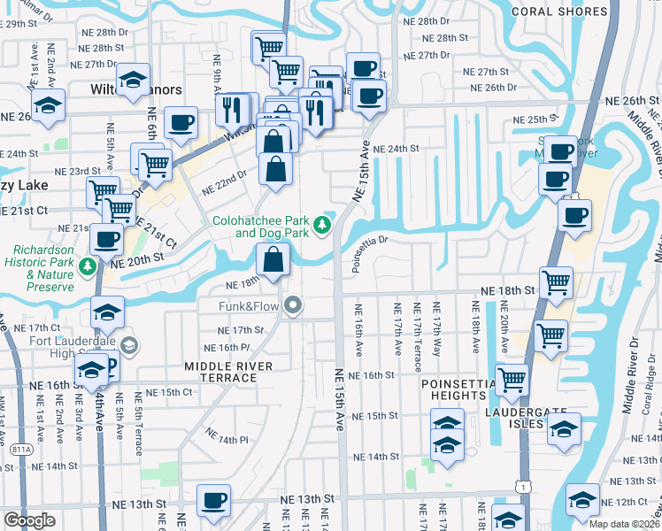 map of restaurants, bars, coffee shops, grocery stores, and more near 1963 Northeast 15th Avenue in Fort Lauderdale
