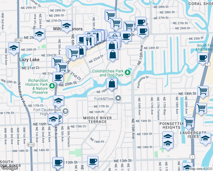 map of restaurants, bars, coffee shops, grocery stores, and more near 999 Northeast 18th Court in Fort Lauderdale