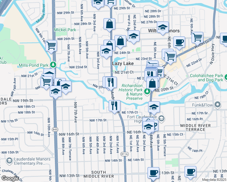 map of restaurants, bars, coffee shops, grocery stores, and more near 1909 North Andrews Avenue in Wilton Manors