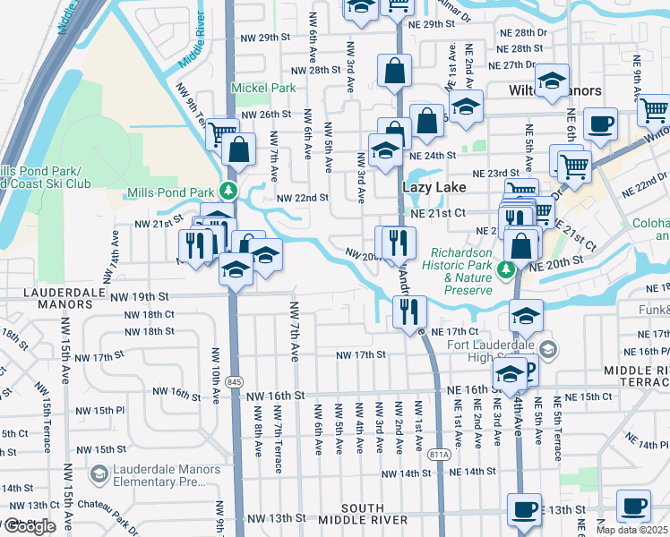 map of restaurants, bars, coffee shops, grocery stores, and more near 610 Tennis Club Drive in Fort Lauderdale