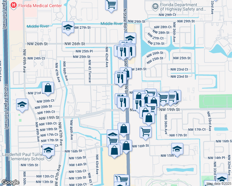 map of restaurants, bars, coffee shops, grocery stores, and more near 4240 Northwest 21st Street in Lauderhill