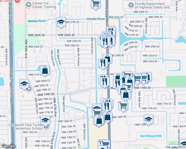 map of restaurants, bars, coffee shops, grocery stores, and more near 4240 Northwest 21st Street in Lauderhill