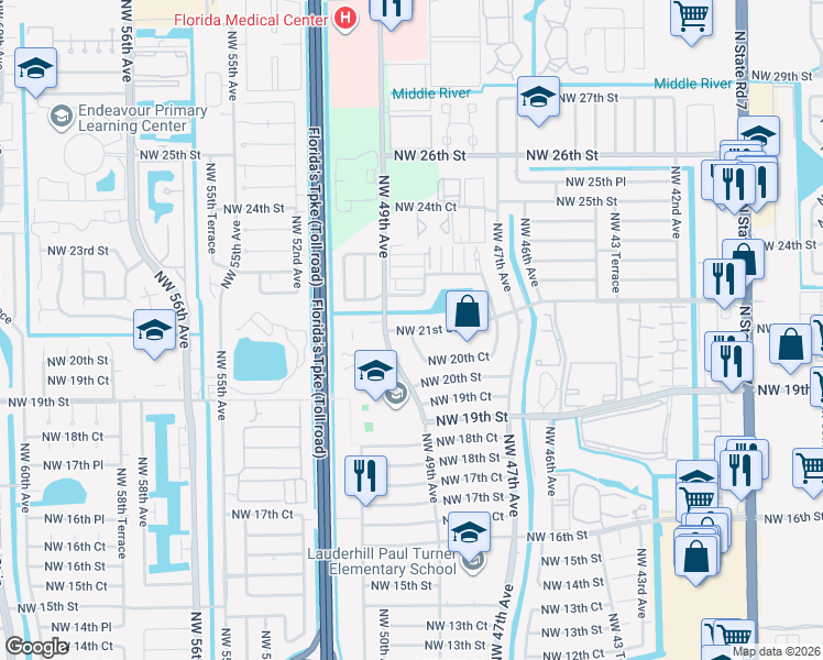 map of restaurants, bars, coffee shops, grocery stores, and more near 4830 Northwest 21st Street in Lauderhill