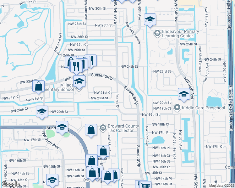 map of restaurants, bars, coffee shops, grocery stores, and more near 2110 Roarke Drive in Sunrise