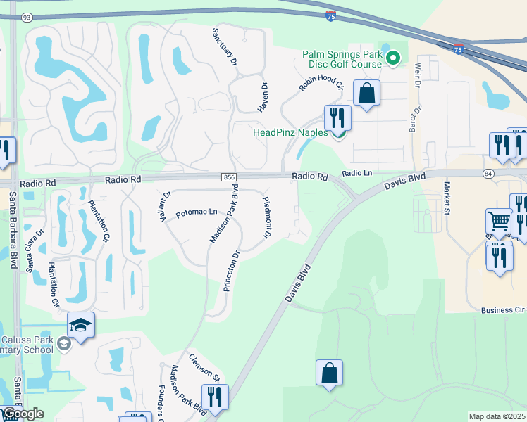 map of restaurants, bars, coffee shops, grocery stores, and more near 8115 Piedmont Drive in Naples