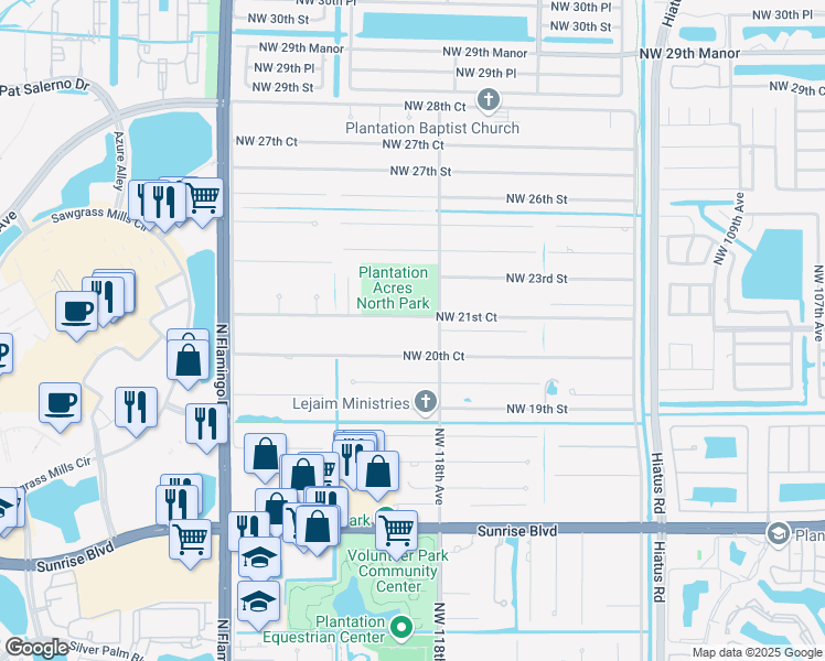 map of restaurants, bars, coffee shops, grocery stores, and more near 11830 Northwest 21st Court in Plantation