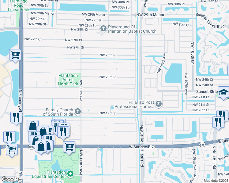 map of restaurants, bars, coffee shops, grocery stores, and more near 11460 Northwest 21st Court in Plantation