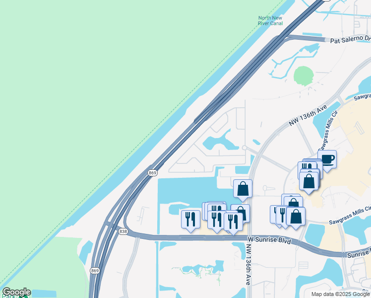 map of restaurants, bars, coffee shops, grocery stores, and more near 2250 Northwest 139th Avenue in Sunrise
