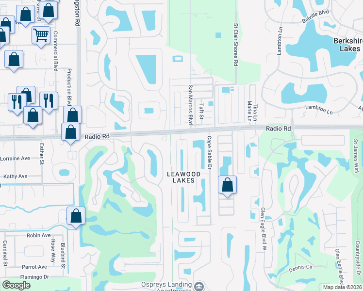 map of restaurants, bars, coffee shops, grocery stores, and more near 100 Leawood Circle in Naples