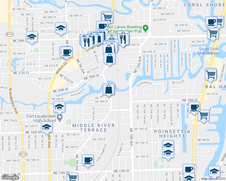 map of restaurants, bars, coffee shops, grocery stores, and more near 1826 North Dixie Highway in Fort Lauderdale