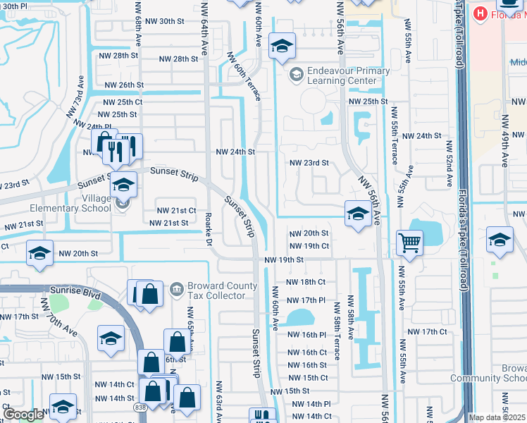map of restaurants, bars, coffee shops, grocery stores, and more near 2106 Northwest 61st Avenue in Sunrise