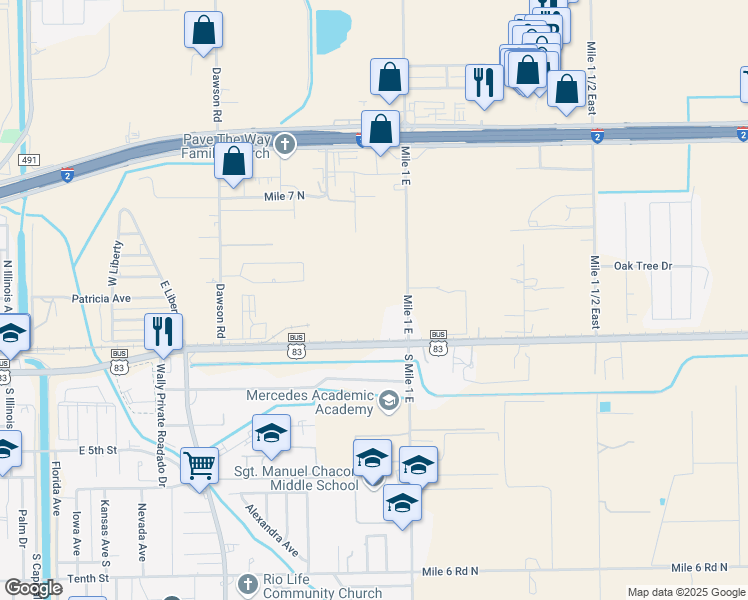 map of restaurants, bars, coffee shops, grocery stores, and more near 2800 East Business Highway 83 in Mercedes
