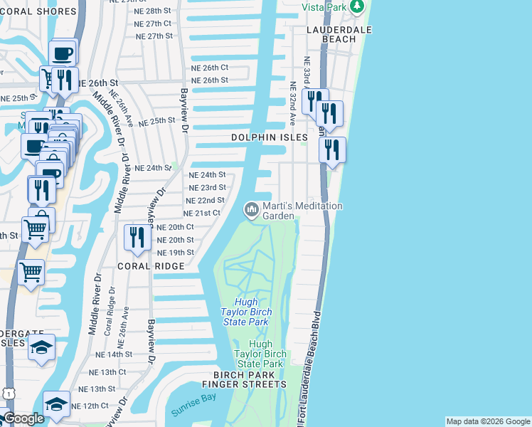 map of restaurants, bars, coffee shops, grocery stores, and more near 3018 Northeast 19th Street in Fort Lauderdale