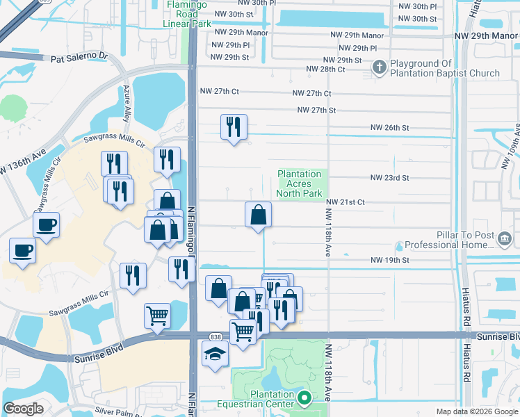 map of restaurants, bars, coffee shops, grocery stores, and more near 12100 Northwest 21st Court in Plantation