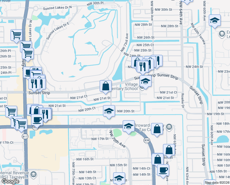 map of restaurants, bars, coffee shops, grocery stores, and more near 2141 Northwest 73rd Avenue in Sunrise