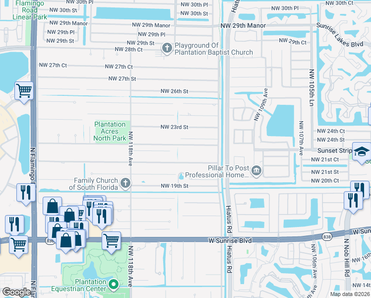 map of restaurants, bars, coffee shops, grocery stores, and more near 11460 Northwest 21st Court in Plantation