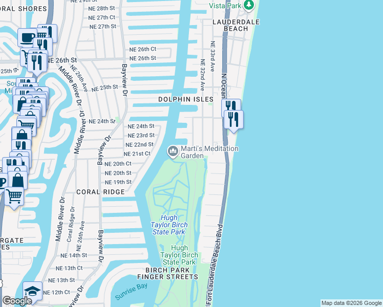 map of restaurants, bars, coffee shops, grocery stores, and more near 3018 Northeast 19th Street in Fort Lauderdale