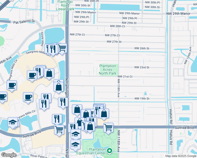 map of restaurants, bars, coffee shops, grocery stores, and more near 12031 Northwest 20th Court in Plantation