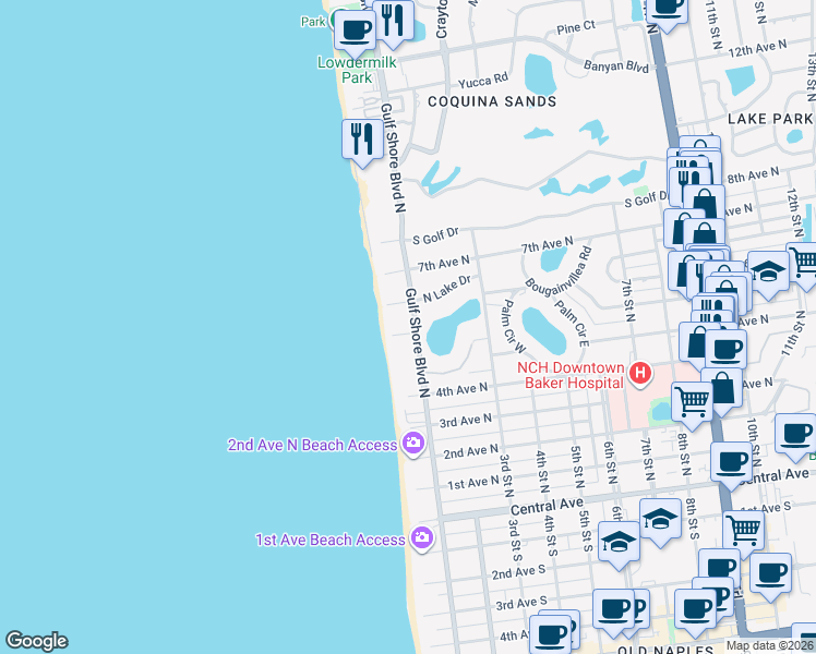 map of restaurants, bars, coffee shops, grocery stores, and more near 50 6th Avenue North in Naples