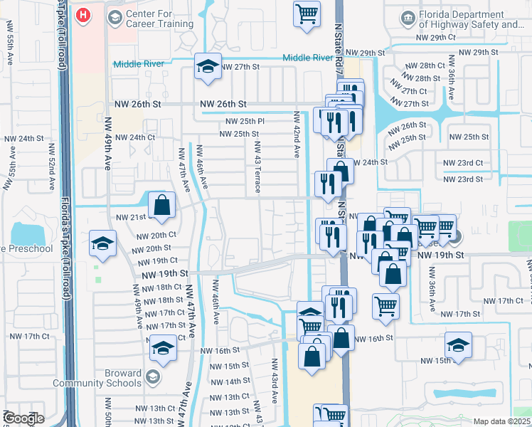 map of restaurants, bars, coffee shops, grocery stores, and more near 2041 Northwest 43 Terrace in Lauderhill