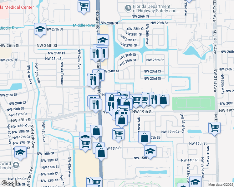 map of restaurants, bars, coffee shops, grocery stores, and more near 3850 Northwest 21st Street in Lauderdale Lakes