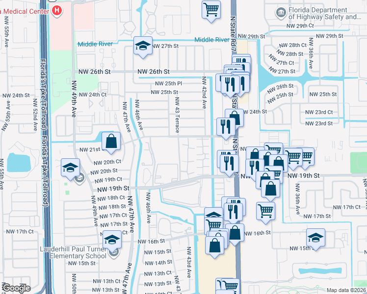map of restaurants, bars, coffee shops, grocery stores, and more near 2041 Northwest 43 Terrace in Lauderhill