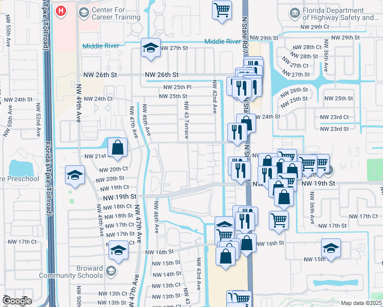 map of restaurants, bars, coffee shops, grocery stores, and more near 2041 Northwest 43 Terrace in Lauderhill