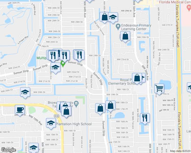 map of restaurants, bars, coffee shops, grocery stores, and more near 2121 Northwest 62nd Terrace in Sunrise