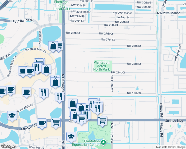 map of restaurants, bars, coffee shops, grocery stores, and more near 12031 Northwest 20th Court in Plantation