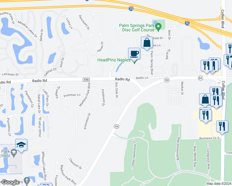 map of restaurants, bars, coffee shops, grocery stores, and more near 8245 Ibis Club Drive in Naples