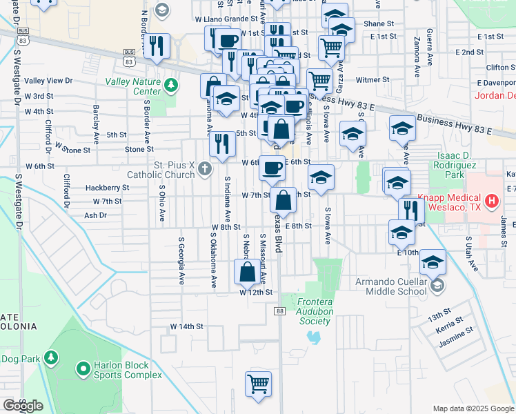 map of restaurants, bars, coffee shops, grocery stores, and more near 716 South Missouri Avenue in Weslaco