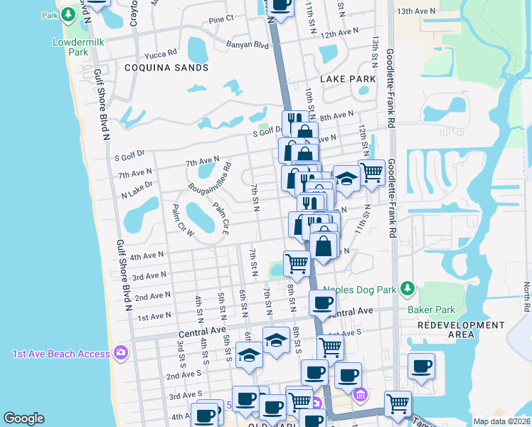 map of restaurants, bars, coffee shops, grocery stores, and more near 778 5th Avenue North in Naples