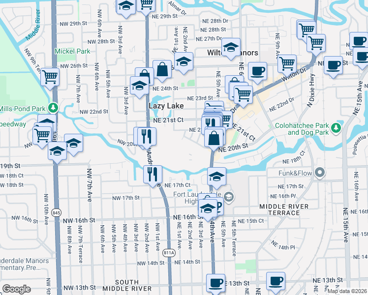 map of restaurants, bars, coffee shops, grocery stores, and more near 1930 Northeast 2nd Avenue in Wilton Manors