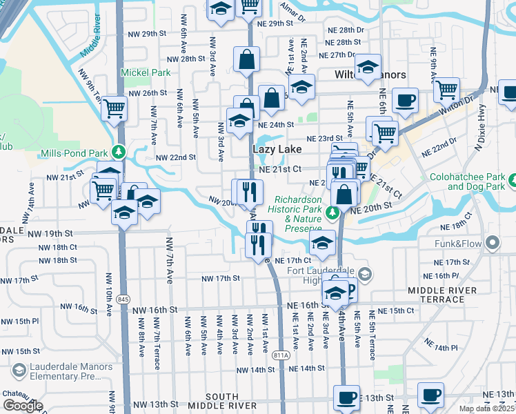 map of restaurants, bars, coffee shops, grocery stores, and more near 1909 North Andrews Avenue in Wilton Manors