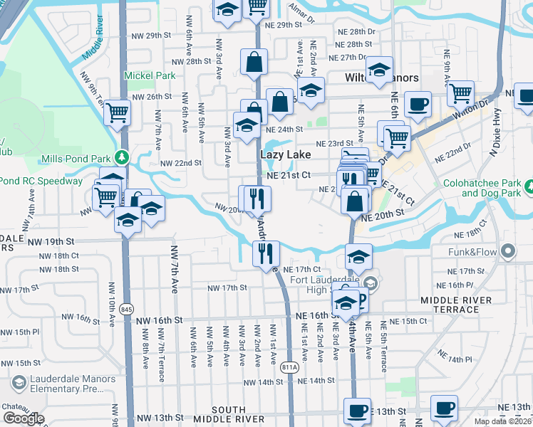 map of restaurants, bars, coffee shops, grocery stores, and more near 1909 North Andrews Avenue in Wilton Manors