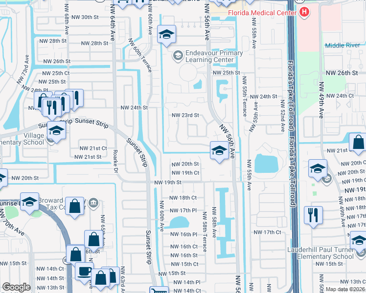 map of restaurants, bars, coffee shops, grocery stores, and more near 2020 Northwest 59th Terrace in Lauderhill