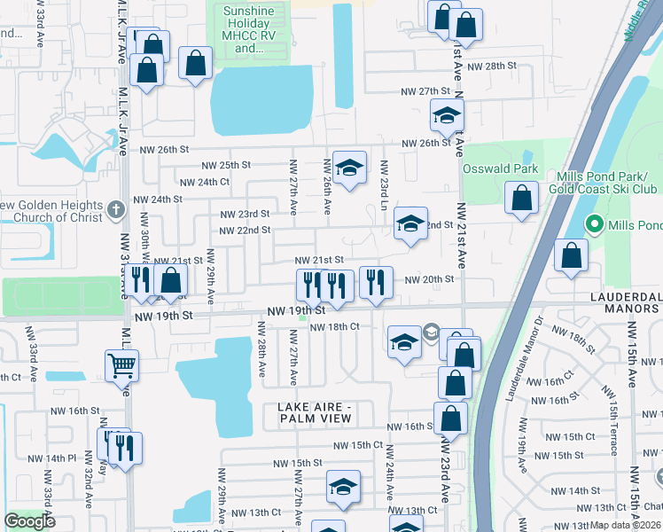 map of restaurants, bars, coffee shops, grocery stores, and more near 2540 Northwest 21st Street in Fort Lauderdale