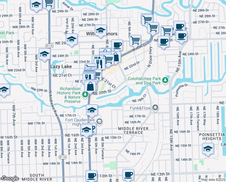 map of restaurants, bars, coffee shops, grocery stores, and more near 635 Kensington Place in Wilton Manors