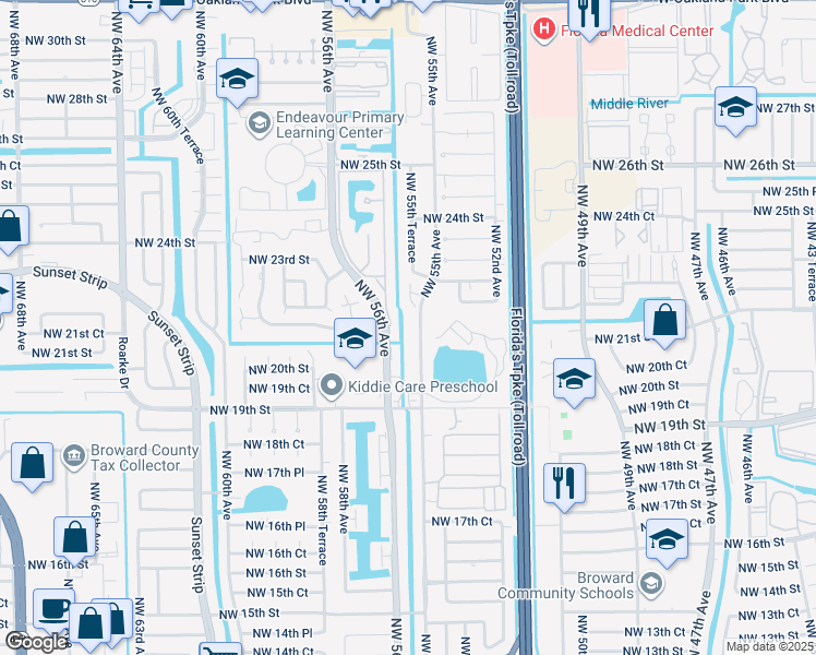 map of restaurants, bars, coffee shops, grocery stores, and more near 2101 Northwest 55th Avenue in Lauderhill