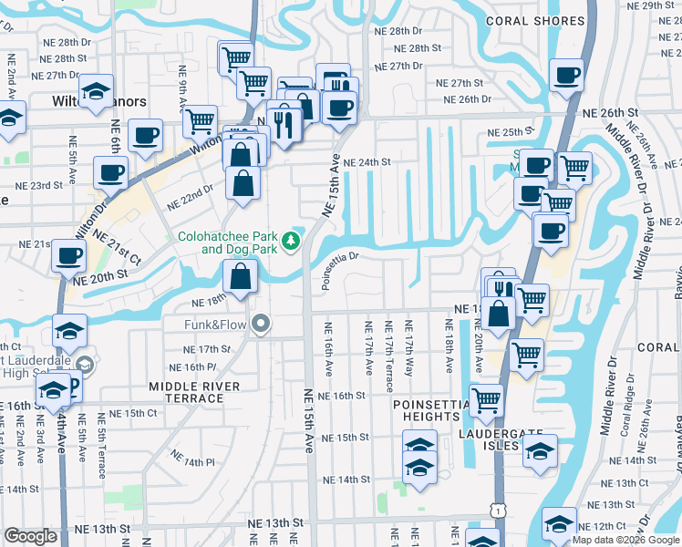 map of restaurants, bars, coffee shops, grocery stores, and more near 1631 Northeast 19th Street in Fort Lauderdale