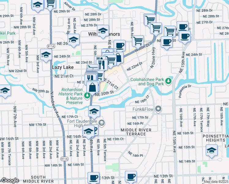 map of restaurants, bars, coffee shops, grocery stores, and more near 635 Kensington Place in Wilton Manors