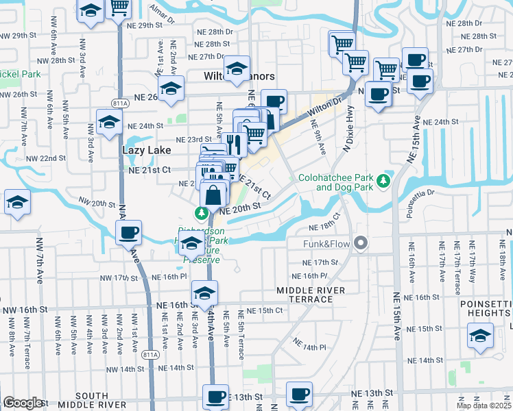 map of restaurants, bars, coffee shops, grocery stores, and more near 635 Kensington Place in Wilton Manors