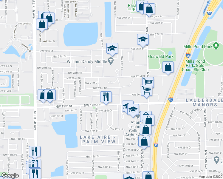 map of restaurants, bars, coffee shops, grocery stores, and more near 2517 Northwest 20th Street in Fort Lauderdale