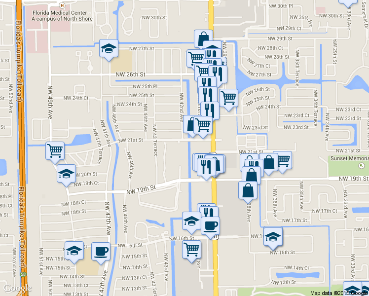map of restaurants, bars, coffee shops, grocery stores, and more near 4240 Northwest 21st Street in Lauderhill