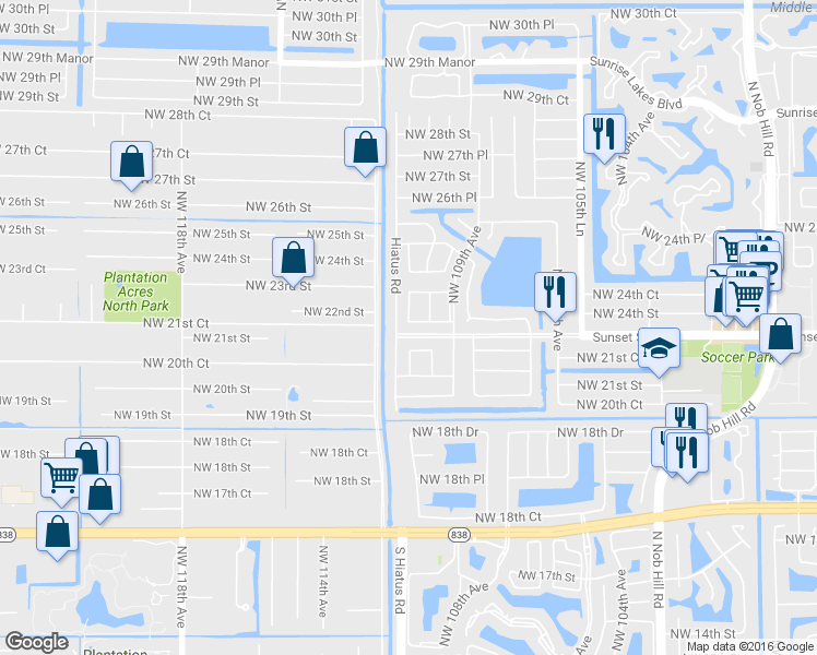 map of restaurants, bars, coffee shops, grocery stores, and more near 11061 Northwest 21st Court in Sunrise